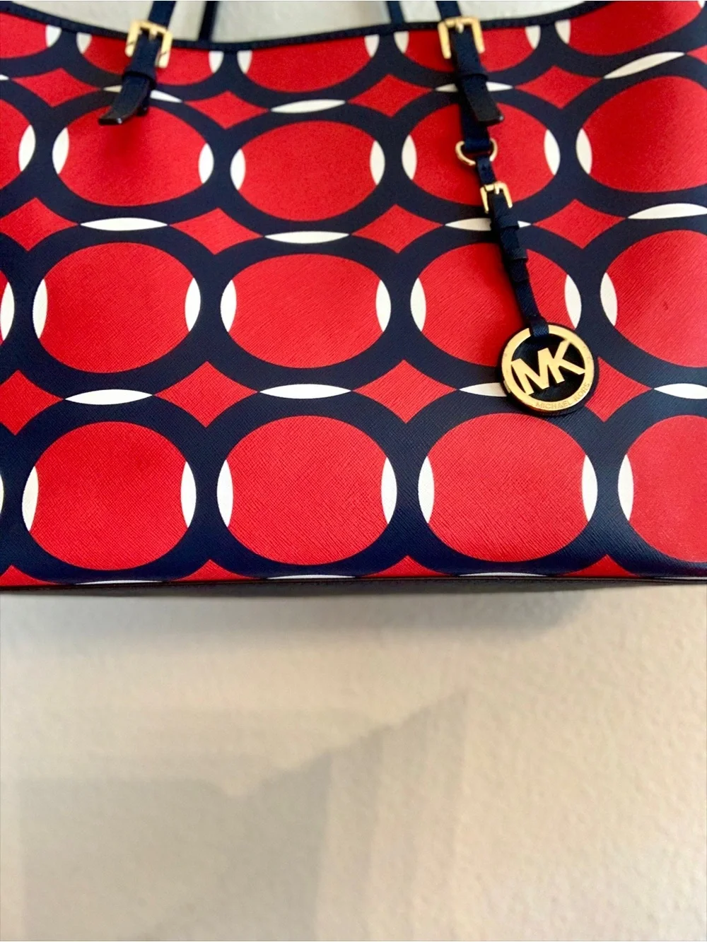 Michael Kors Red and Blue Circle-Print Tote with Gold MK Charm - Picture 4 of 16